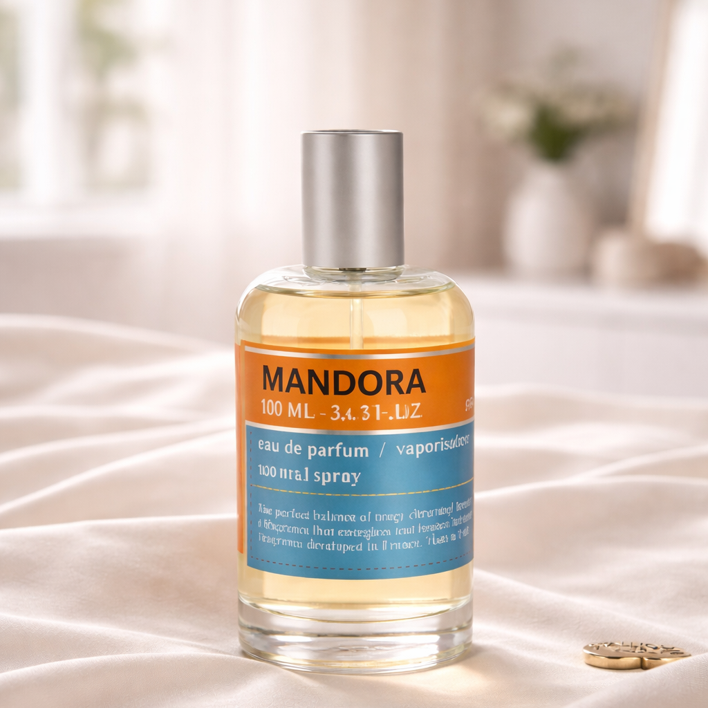 Mandora perfume bottle on a soft fabric surface