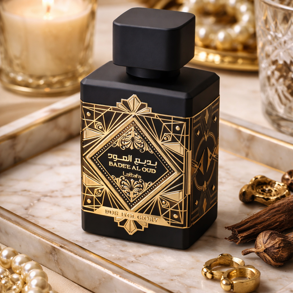 Perfume bottle with gold design on a marble surface with candles and jewelry