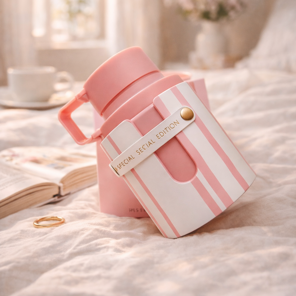 Pink thermos with striped design on a bed
