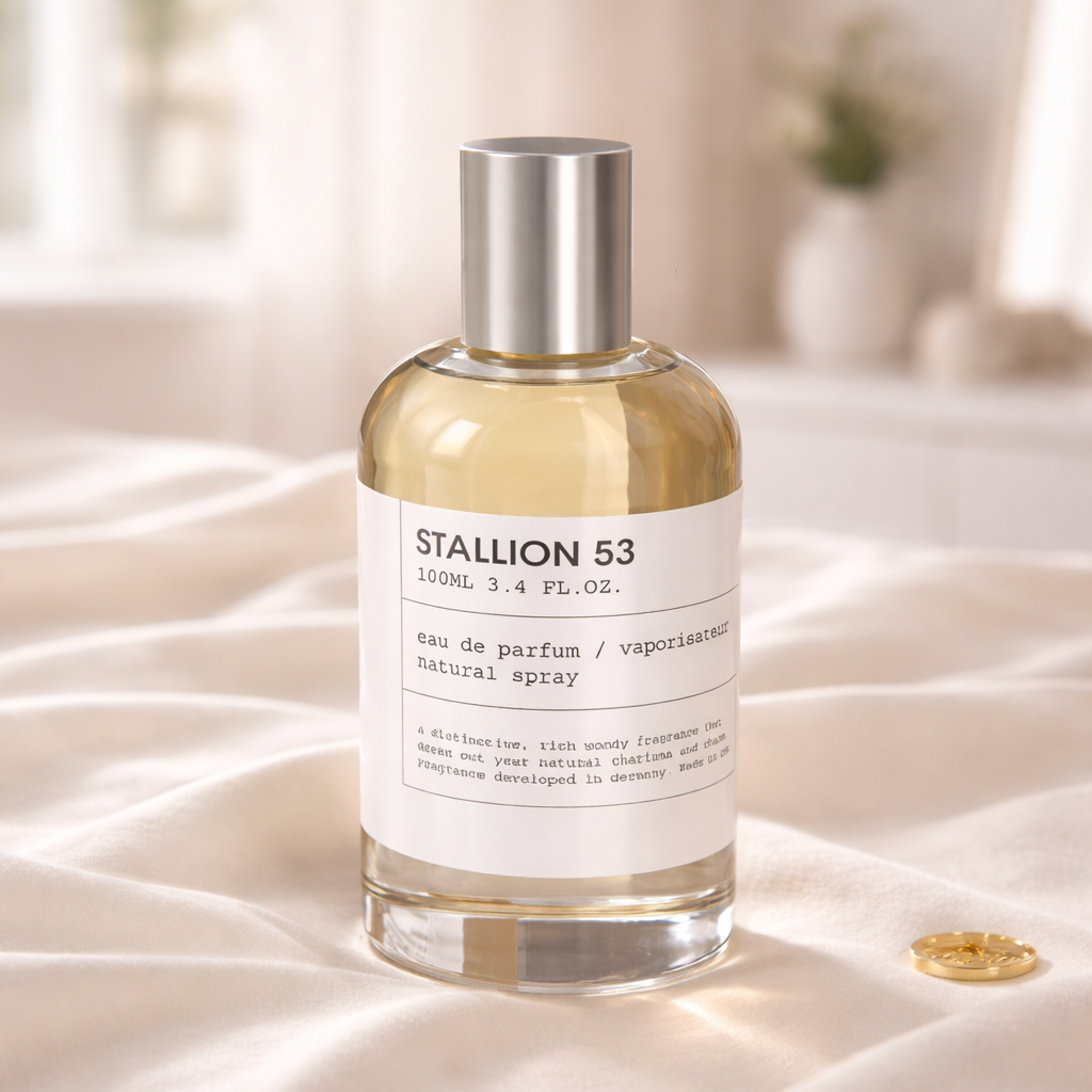 Perfume bottle labeled 'Stallion 53' on a soft fabric surface