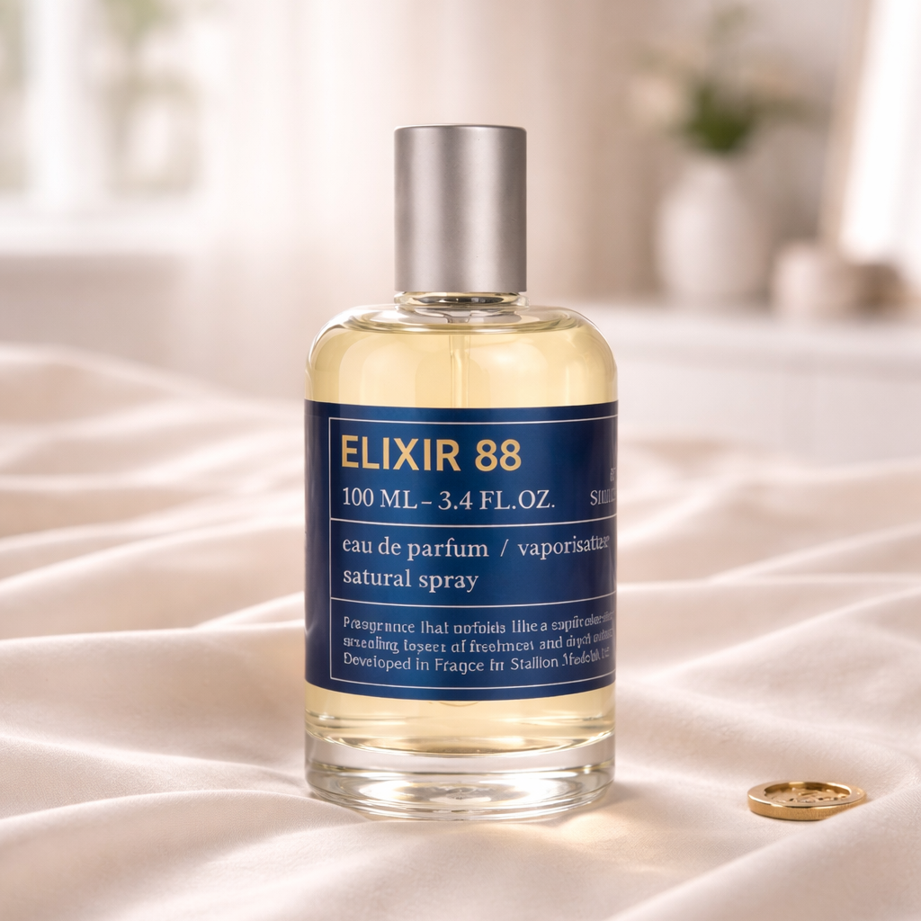 Perfume bottle labeled 'Elixir 88' on a soft, light-colored surface with a blurred background.