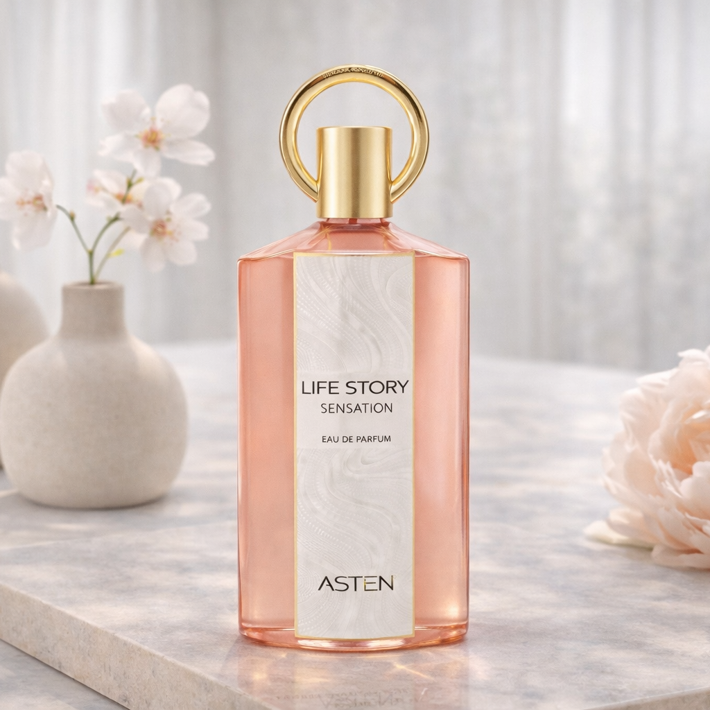 Perfume bottle labeled 'Life Story' by Asten on a table with flowers and vases.