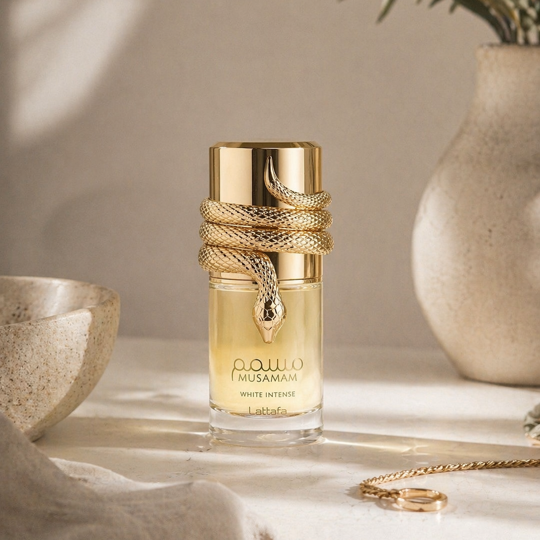 Gold perfume bottle with snake design on a neutral background