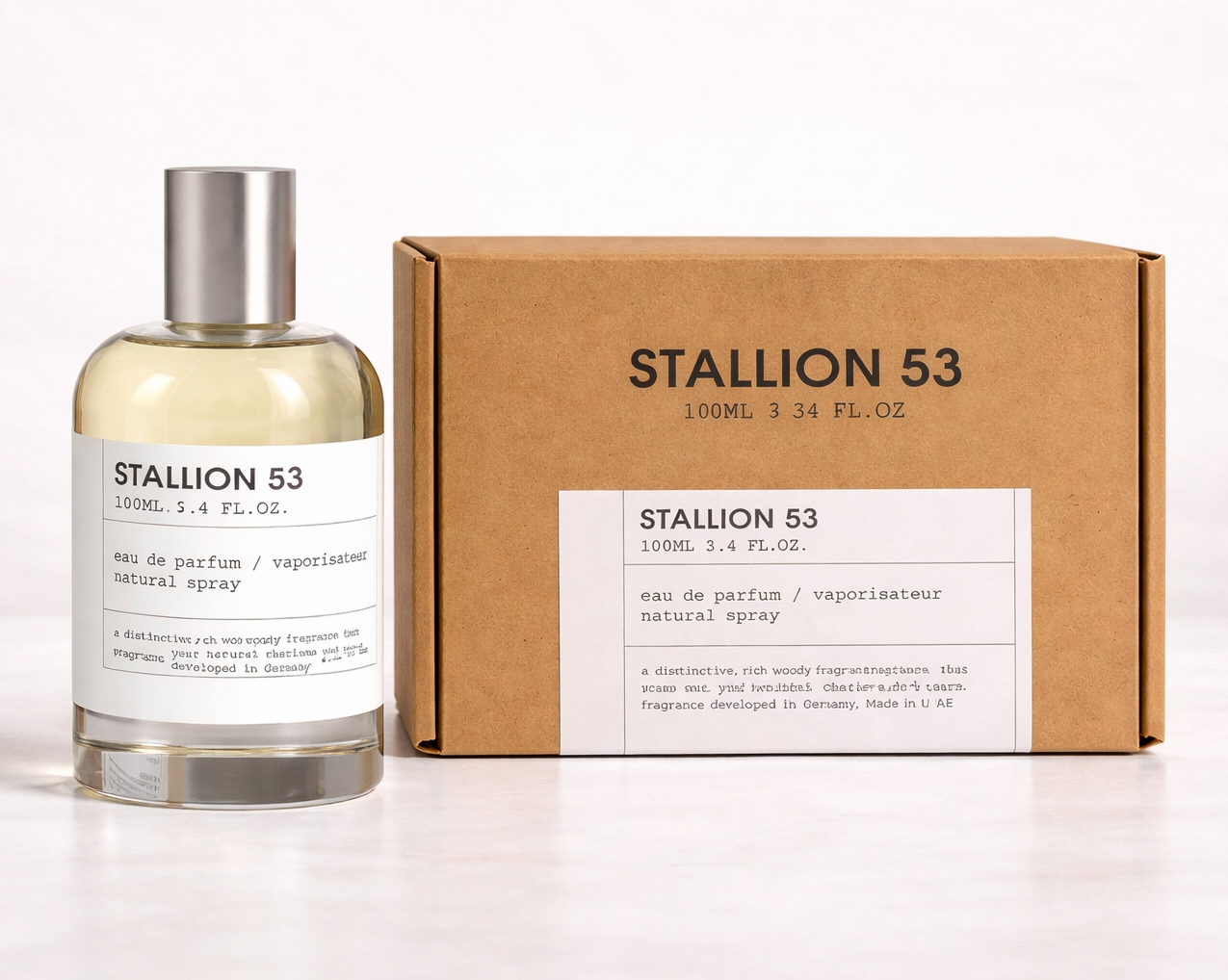 Stallion 53 perfume bottle and packaging on a white background