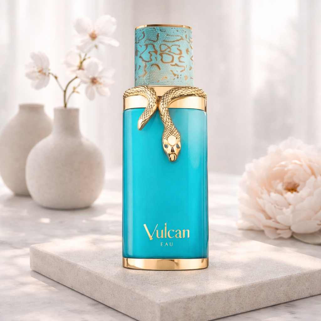 Blue perfume bottle with gold accents on a marble surface with decorative vases and flowers.