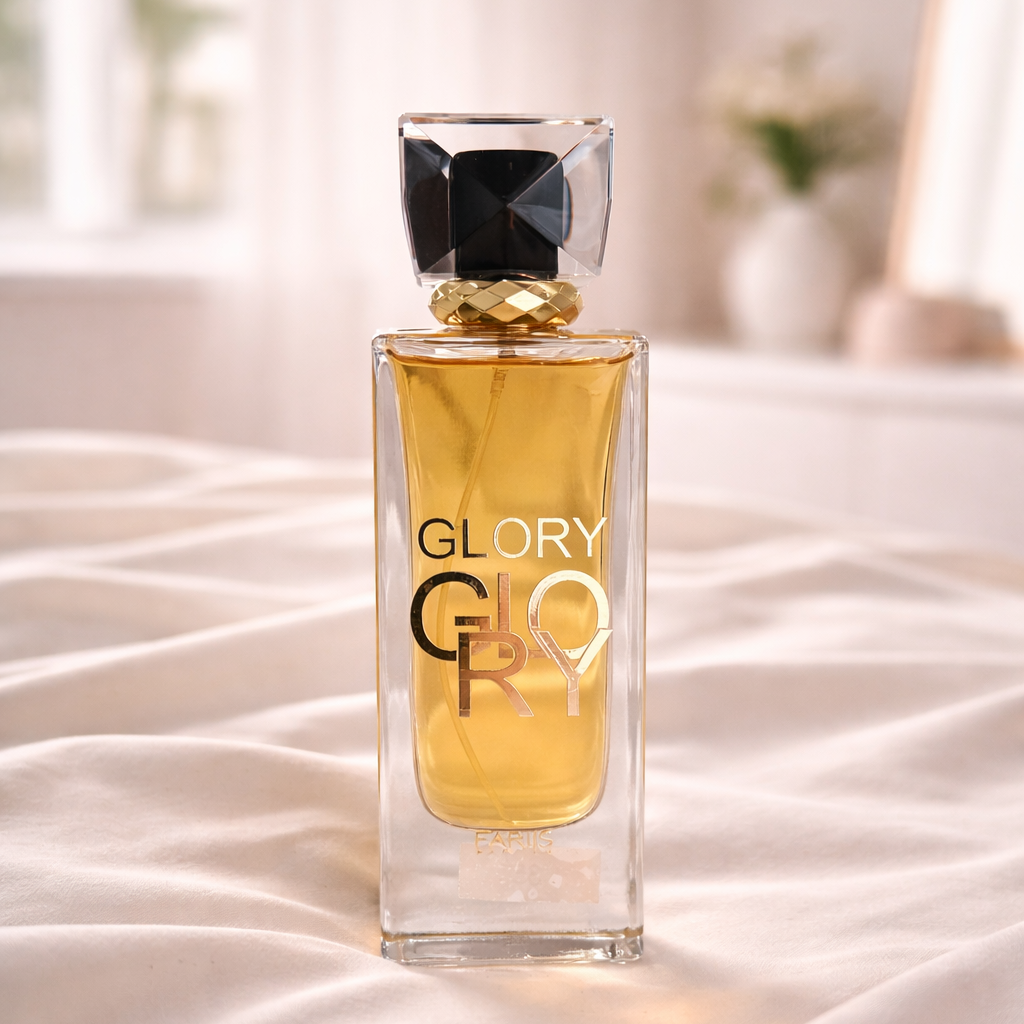 Perfume bottle labeled 'GLORY' on a white fabric surface