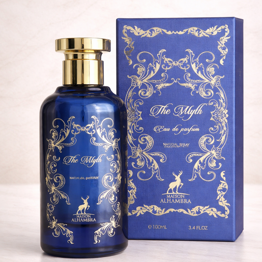 Blue perfume bottle and packaging with gold accents on a white background
