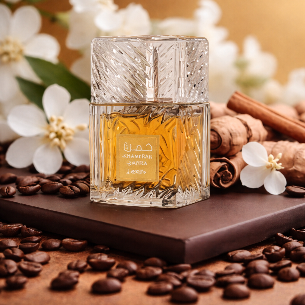 Glass perfume bottle with a gold label on a wooden surface with coffee beans, cinnamon sticks, and flowers.