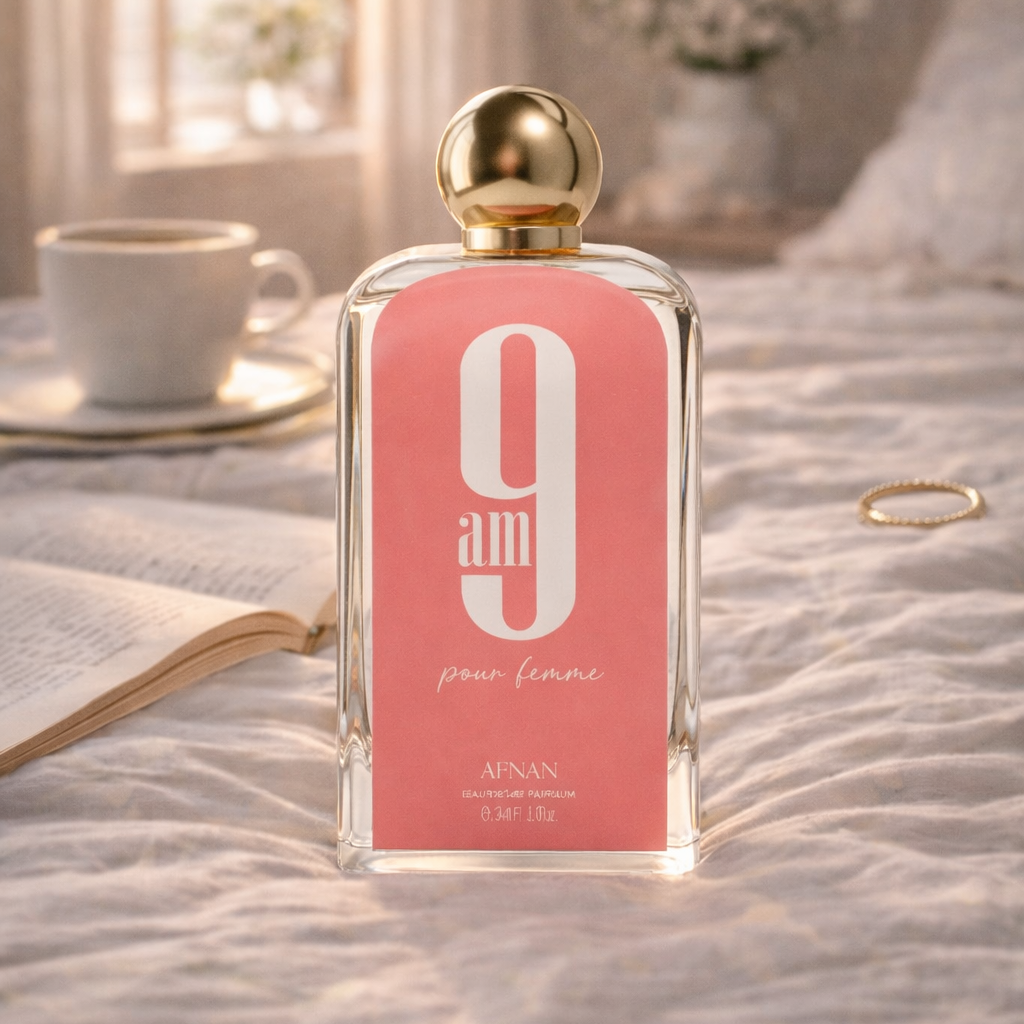 Perfume bottle with pink label and gold cap on a bed with soft lighting