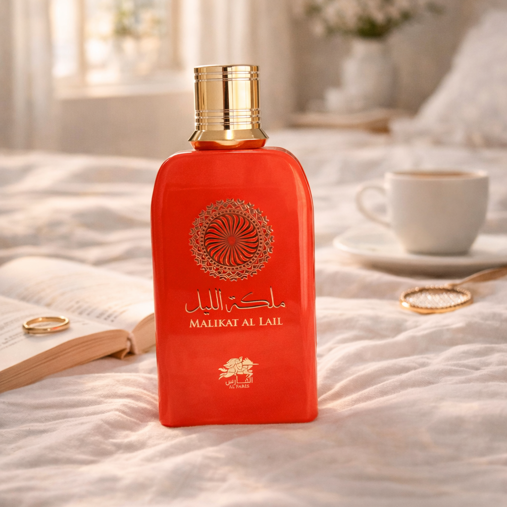 Red bottle with gold cap on a bed with a cup and book in the background