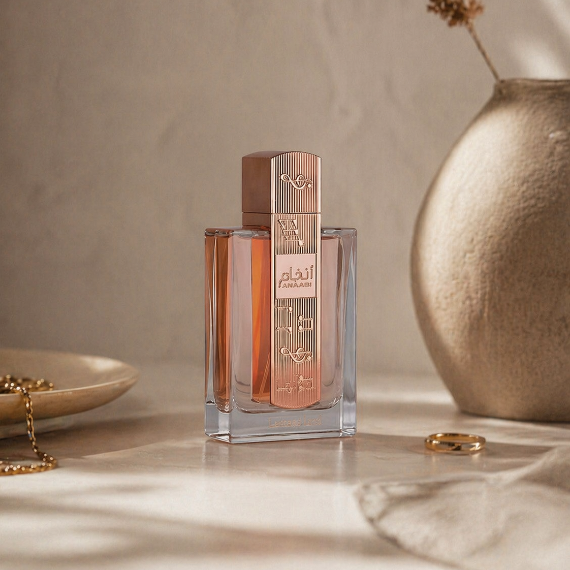 Perfume bottle with decorative elements on a neutral background