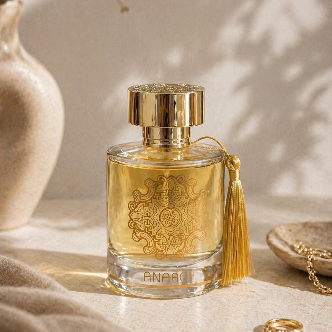Perfume bottle with gold cap and tassel on a neutral background