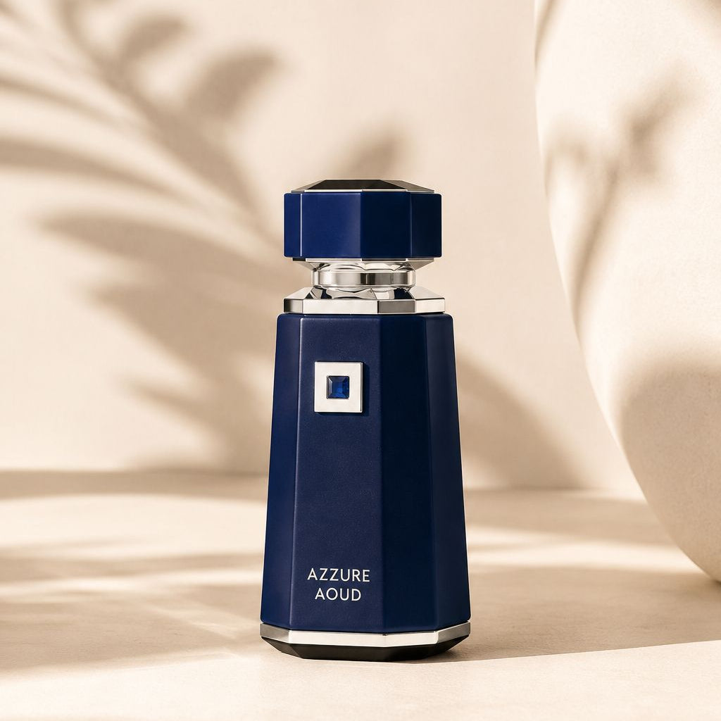 Blue perfume bottle labeled 'Azzure Aoud' on a beige background